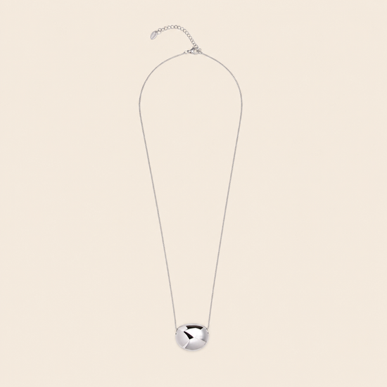 Molten Pebble Necklace with a fine chain and rounded pebble-shaped pendant in silver finish