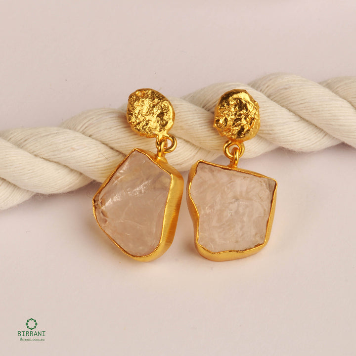 18k gold-plated earrings with Rose Quartz natural stones, featuring a unique geometric design, perfect for elegant gifts.