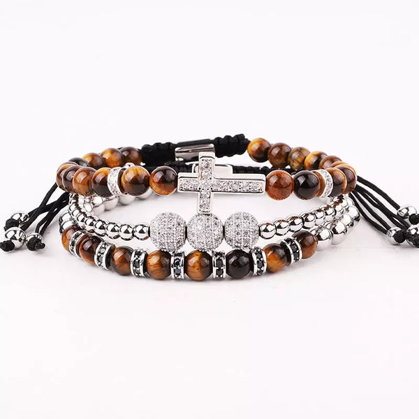 Handmade Adjustable 3 Pieces Natural Stone Beads CZ Charm Bracelet