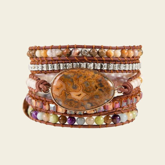 Adjustable handmade 5-layer Crazy Lace Agate bracelet with multicolor beads, leather cords, and natural stone accents, perfect for boho chic fashion.