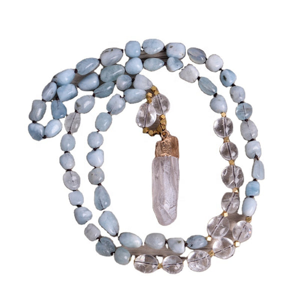 Handmade  Necklace Handmade Crystal Aquamarine Points Healing Stones Beaded Necklace