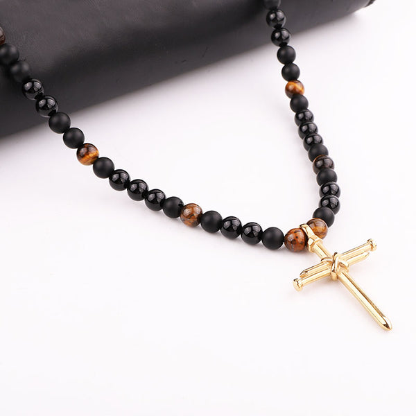 Adjustable Handmade Onyx & Tiger's Eye Natural Stone Stainless Steel Cross Necklace