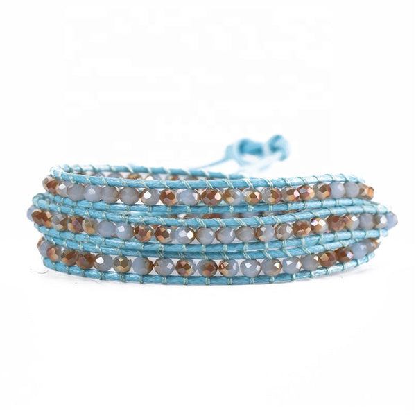 Adjustable Handmade 3 Layer Blue Bohemian Leather-Crystal  Wrap Bracelet