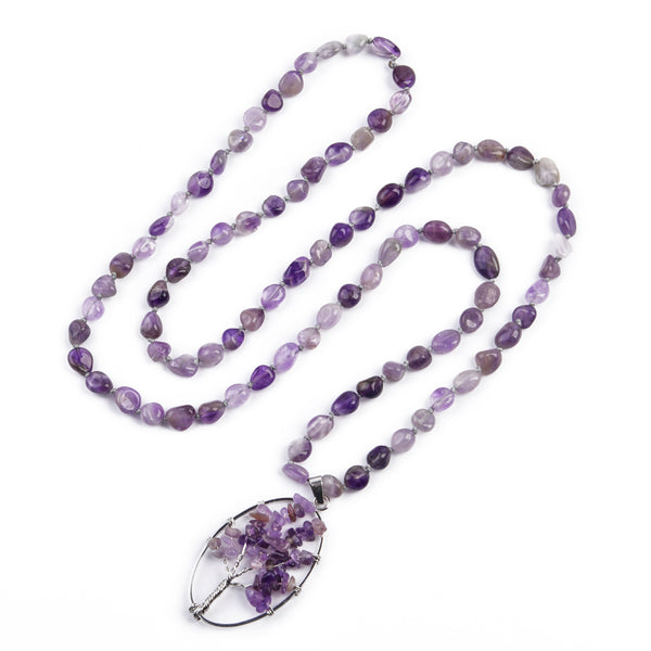 Handmade Natural Stone Amethyst Tree of Life Pendant Necklace