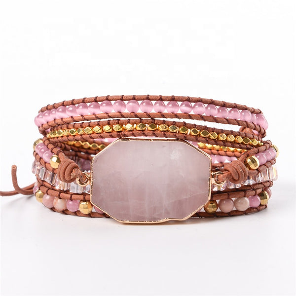 Adjustable Handmade 5 Layer Rose Quartz Natural Stone Bracelet