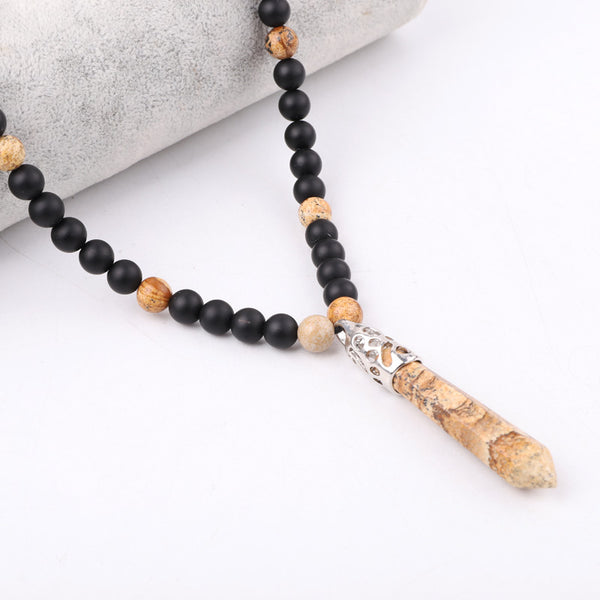 Adjustable Handmade Natural Stone Healing Point Picture Jasper Pendant Matte Onyx Necklace