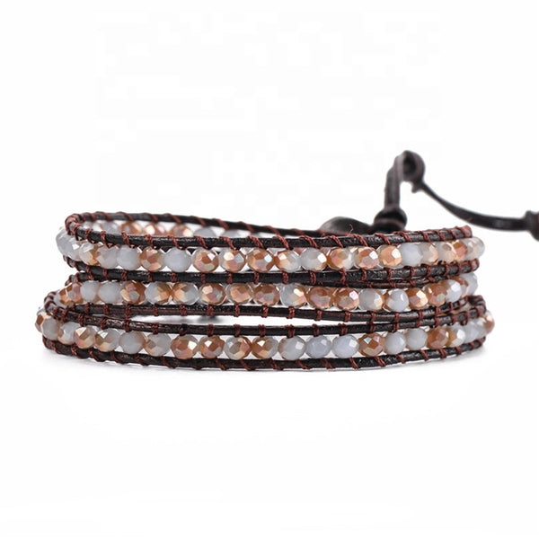 Adjustable Handmade 3 Layer Bohemian Leather-Crystal  Wrap Bracelet