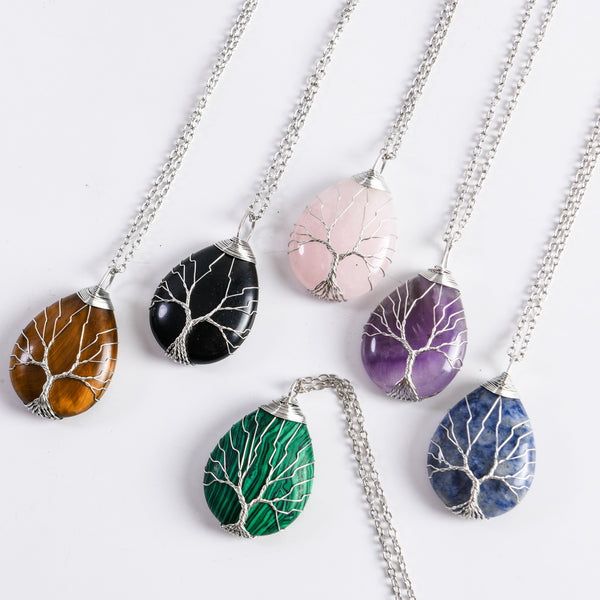 Handmade Stainless Steel Tree of Life Natural Gemstone Pendant Necklace