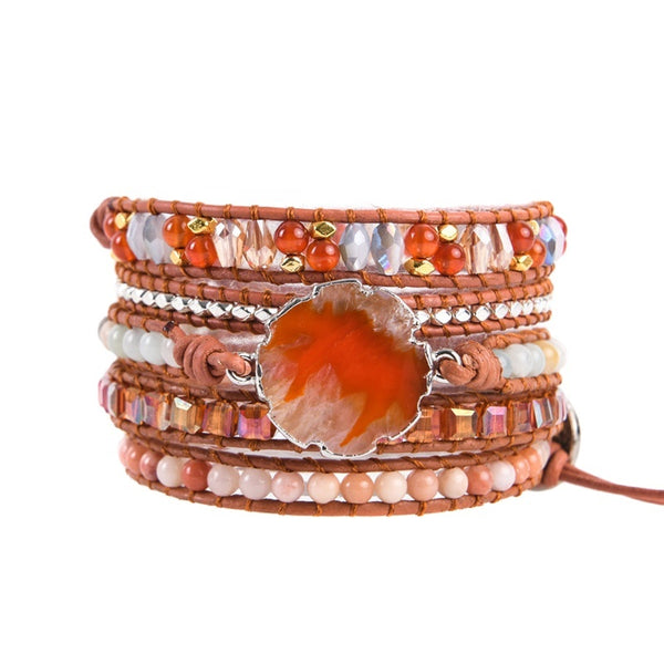 Adjustable Handmade 5 Layer Sliced Fire Agate Natural Stone Bracelet