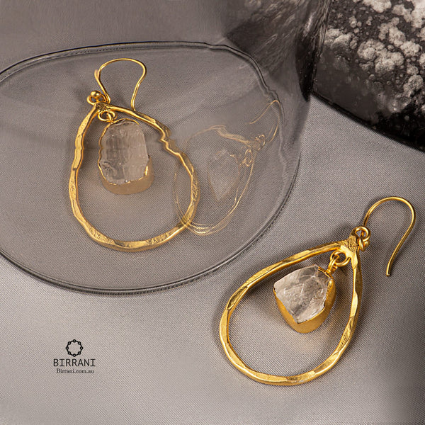 Handmade 18k Gold Plated Clear Quartz Natural Stone Earring