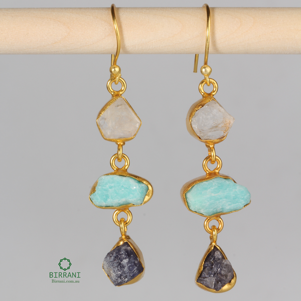 18k Gold Plated Rose Quartz-Amazonite-Tanzanite Natural Stone Earring