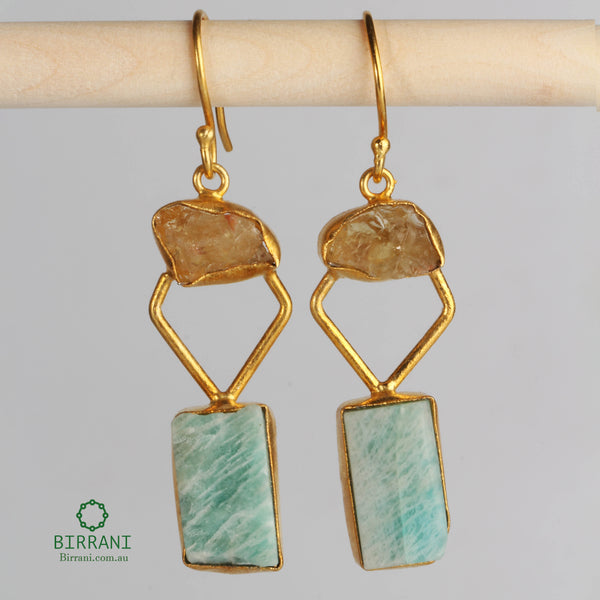 Handmade 18k Gold Plated Citrine-Amazonite Natural Stone Earring