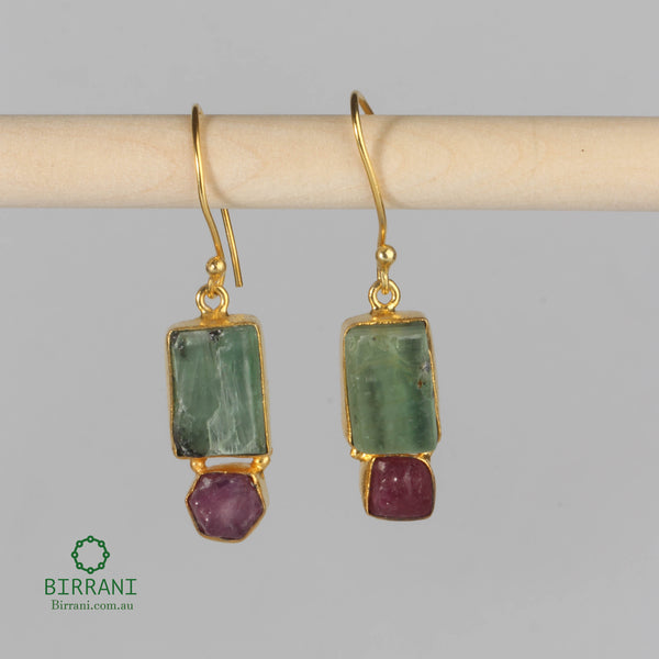 Handmade18k Gold Plated -Green Aventurine Ruby Natural Stone Earring