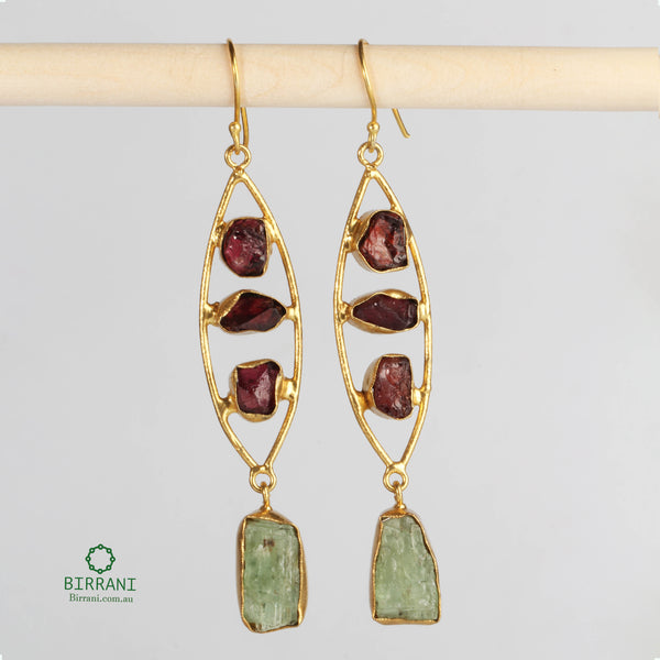 Handmade 18k Gold Plated Garnet-Green Aventurine Natural Stone Earring