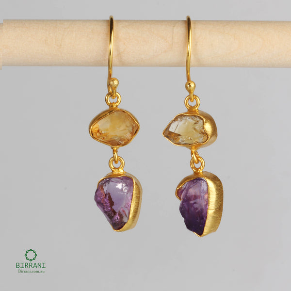 Handmade 18k Gold Plated Citrine-Amethyst Natural Stone Earring