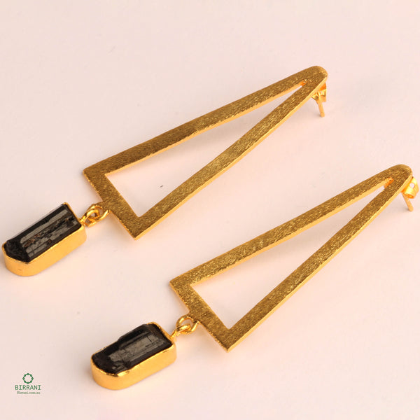 Handmade 18k Gold Plated Black Tourmaline Natural Stone Earring