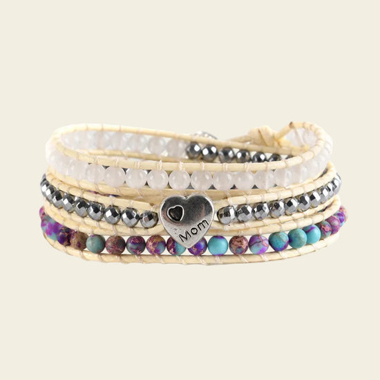 Handmade adjustable 3-layer bracelet featuring natural stones, including purple turquoise, hematite, and quartz beads, with a silver "Mom" heart charm, perfect for a meaningful gift.