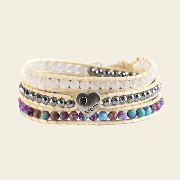 Handmade adjustable 3-layer bracelet featuring natural stones, including purple turquoise, hematite, and quartz beads, with a silver "Mom" heart charm, perfect for a meaningful gift.