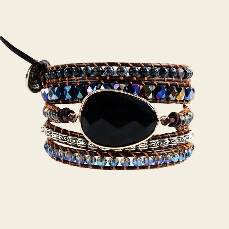 Handmade adjustable 5-wrap bracelet featuring black onyx, crystal beads, and natural stones, designed to add elegance and style to any outfit.