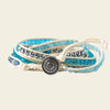 Handmade adjustable bracelet featuring amazonite, blue crystals, and silver accents, with a vintage-style button clasp, perfect for boho jewellery lovers.