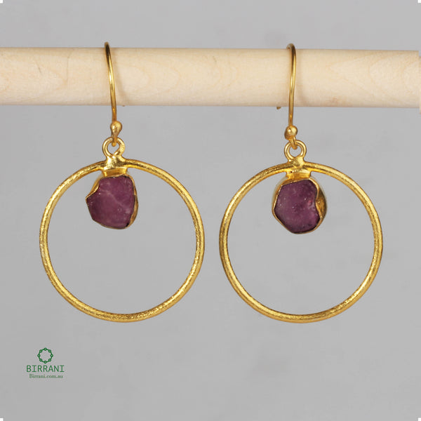Elegant 18k gold plated hoop earrings with natural ruby stones, designed for a refined and sophisticated look, perfect for any occasion.