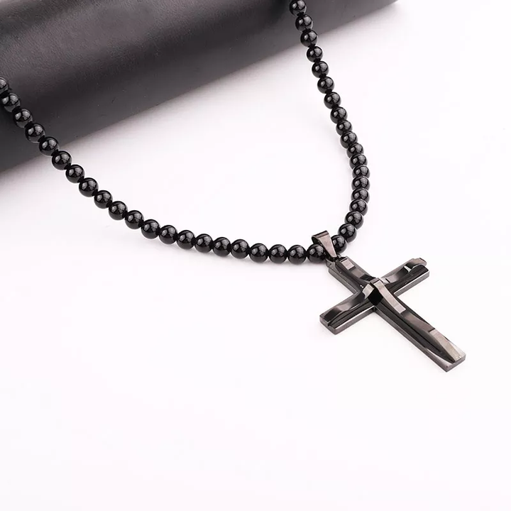 Handmade onyx necklace featuring an adjustable stainless steel cross pendant, a stylish and spiritual jewellery piece for men.