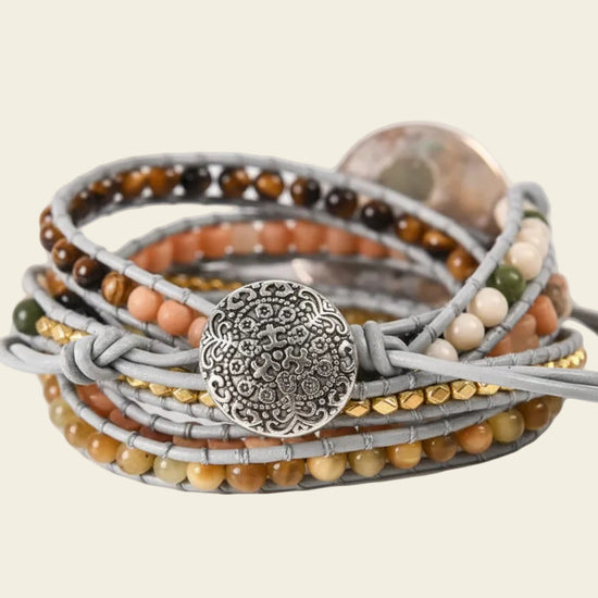 Adjustable 5-layer handmade bracelet featuring natural stones and an ammonite fossil pendant with silver-toned accents – boho jewellery for men and women.
