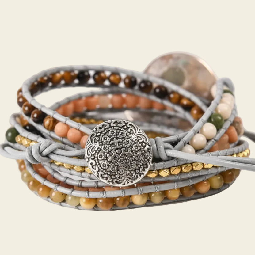 Adjustable 5-layer handmade bracelet featuring natural stones and an ammonite fossil pendant with silver-toned accents – boho jewellery for men and women.