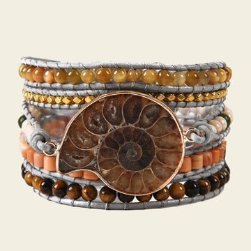 Adjustable 5-layer handmade bracelet featuring natural stones and an ammonite fossil pendant – stylish boho jewellery for men and women.