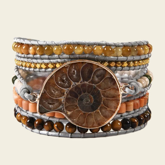Adjustable 5-layer handmade bracelet featuring natural stones and an ammonite fossil pendant – stylish boho jewellery for men and women.