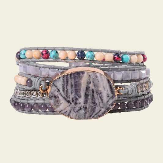 Adjustable handmade 5-layer Amethyst & Fluorite bracelet with multicolor beads and leather cord, featuring natural stones for a unique boho look.