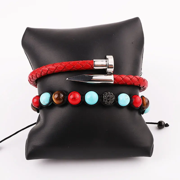 Adjustable Handmade Red & Blue Turquoise+Leather Bangle Set