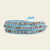 Handmade 3-layer blue leather wrap bracelet with light gray and bronze faceted crystal beads, adjustable closure.