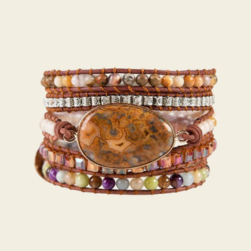 Adjustable handmade 5-layer Crazy Lace Agate bracelet with multicolor beads, leather cords, and natural stone accents, perfect for boho chic fashion.