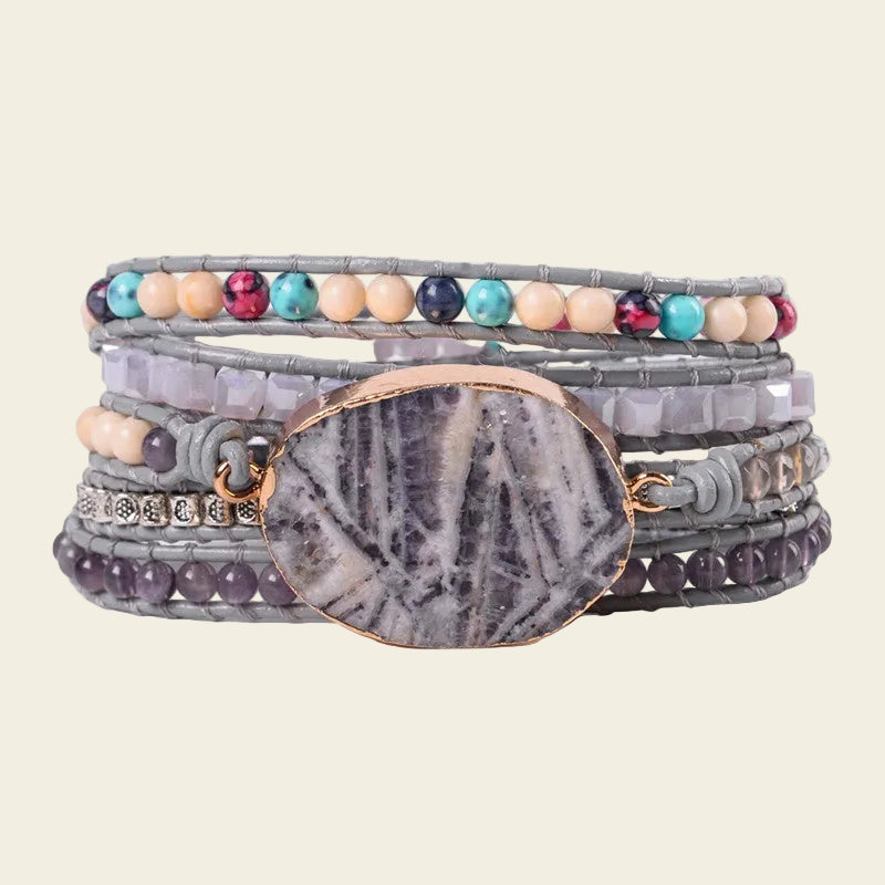 Adjustable handmade 5-layer Amethyst & Fluorite bracelet with multicolor beads and leather cord, featuring natural stones for a unique boho look.