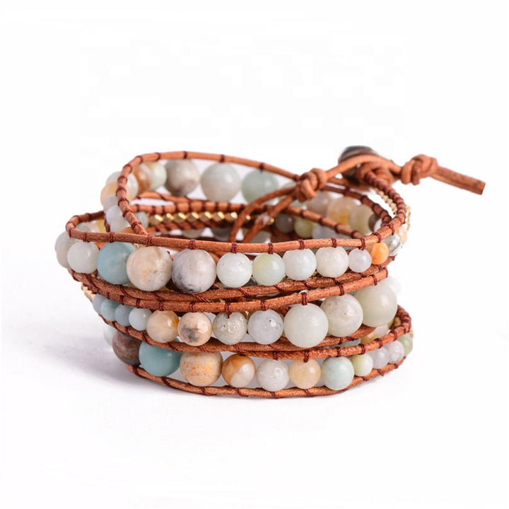 Handmade 3-layer bracelet featuring natural Amazonite beads, adjustable for a perfect fit, ideal for a boho-chic style.