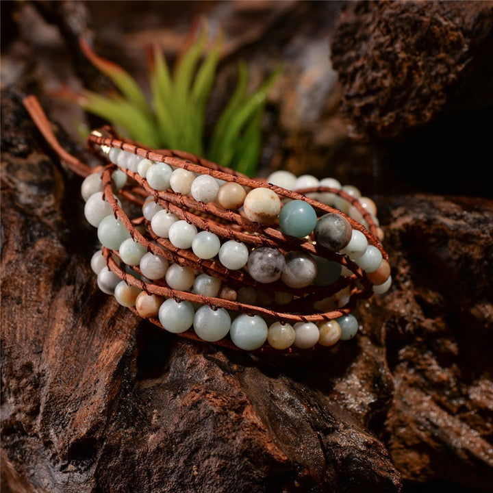Handmade adjustable 5-layer Amazonite bracelet with natural stone beads, earthy tones, and perfect for boho-style enthusiasts.