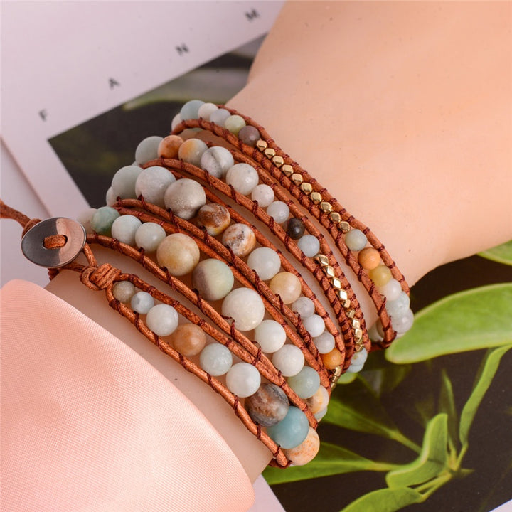 Handmade 5-layer Amazonite bracelet with natural stone beads and gold accents, adjustable for a perfect fit, ideal for boho-style jewellery lovers.