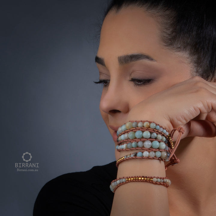 Handmade 5-layer bracelet featuring Amazonite beads and gold accents, adjustable for a comfortable fit, perfect for boho-style jewellery lovers.