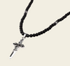 Handmade black bead necklace with a Gothic-style cross pendant, featuring intricate detailing, a bold design, and a perfect gift for men.