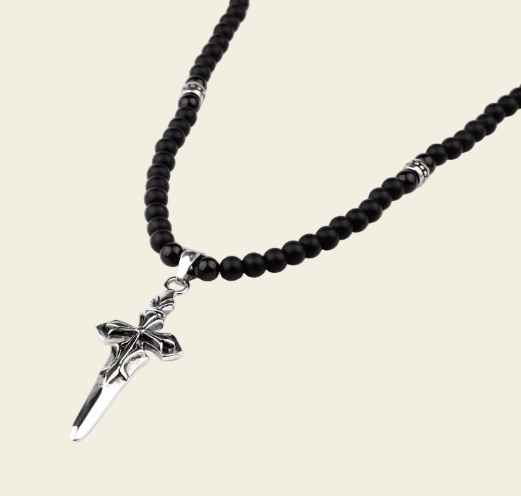 Handmade black bead necklace with a Gothic-style cross pendant, featuring intricate detailing, a bold design, and a perfect gift for men.