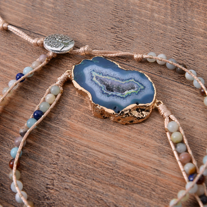 Handmade bracelet featuring a blue lace agate slice, accented with natural stone beads and an adjustable fit, perfect for boho jewellery lovers.