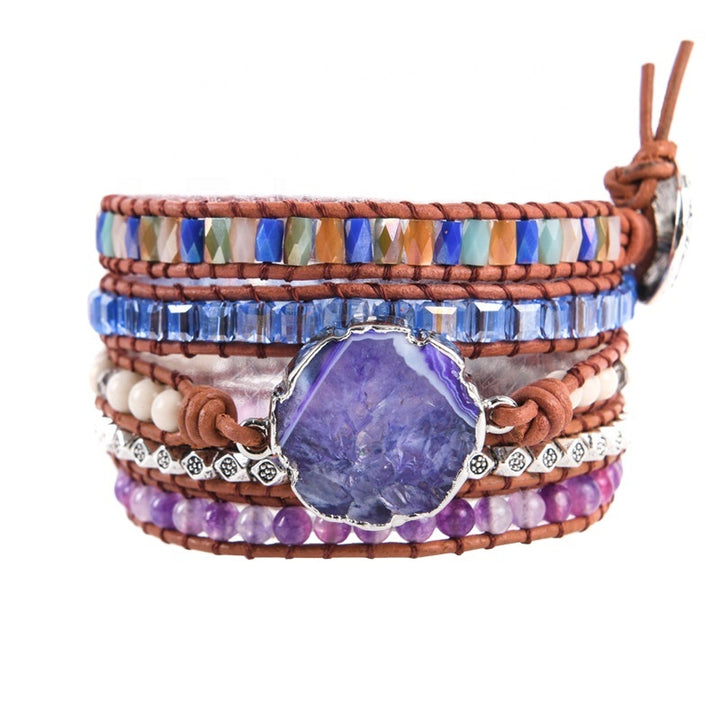 Handmade adjustable bracelet featuring a stunning grape agate slice, amethyst, turquoise, and crystal beads in a 5-layer boho design, perfect for adding vibrant colour to your look.