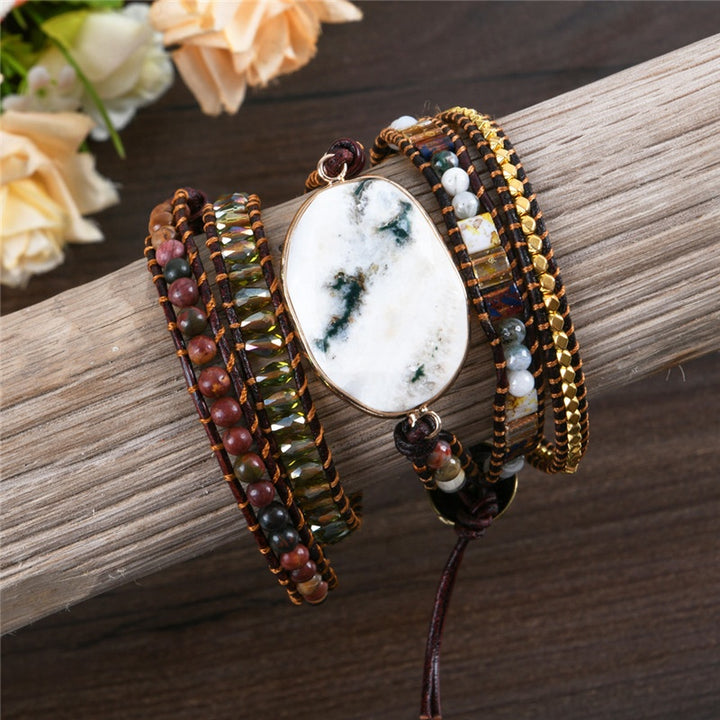 5-layer wrap bracelet featuring Botswana Agate centerpiece, mixed with multicoloured beads and golden accents, adjustable fit, ideal for boho-style lovers.