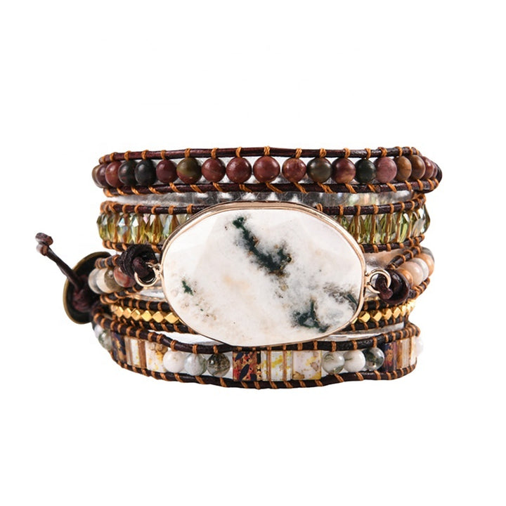 5-layer wrap bracelet with Botswana Agate centerpiece, accented with multicoloured beads and earthy tones, adjustable for a perfect fit, a stylish boho accessory.