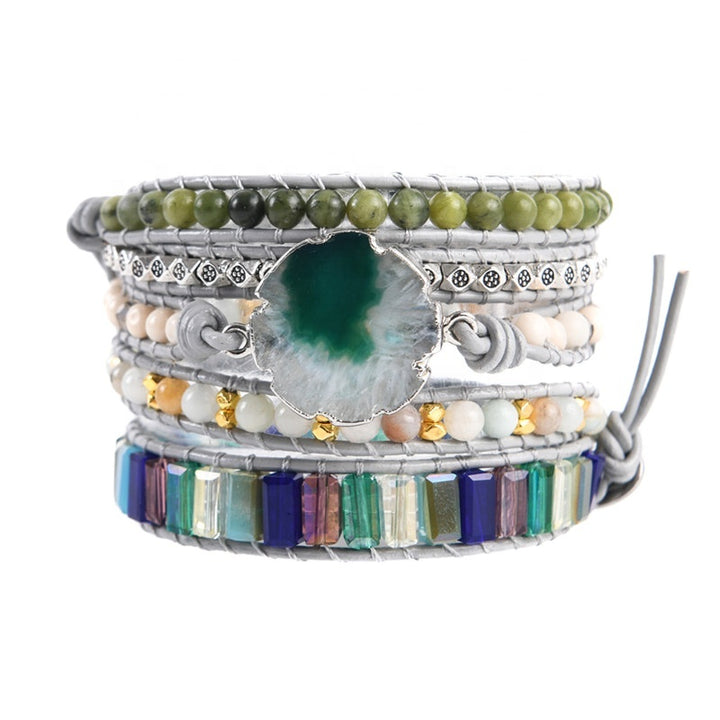 Handmade adjustable 5-layer bracelet featuring natural moss agate slice, green and multicoloured stones, with metallic accents, ideal for boho-style lovers.