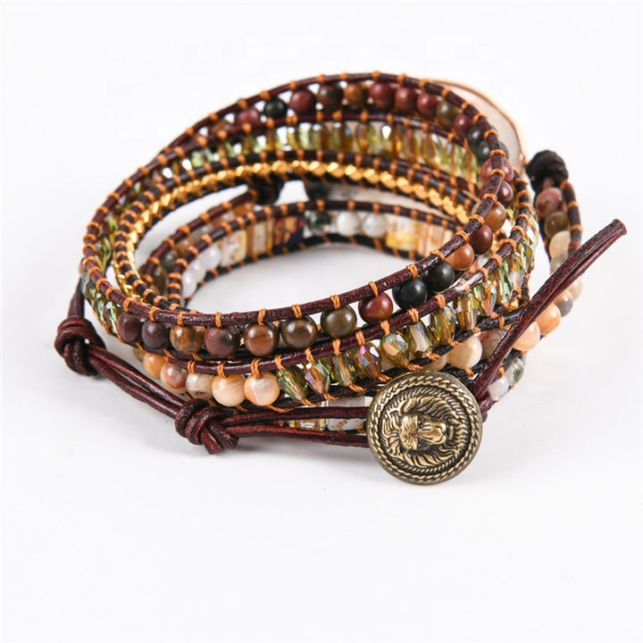 5-layer wrap bracelet featuring natural agate beads, gold and crystal accents, finished with a lion button, adjustable fit, perfect for boho-style enthusiasts.