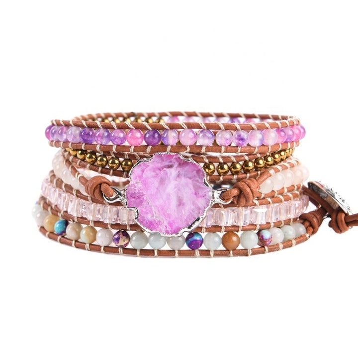Handmade adjustable 5-layer bracelet featuring a vibrant pink agate slice centerpiece, paired with multi-colored beads and gold accents, perfect for a boho-inspired look.