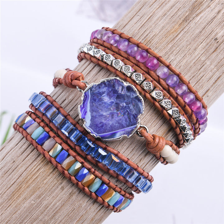 Handmade adjustable bracelet with grape agate slice and amethyst, crystal, and multicoloured beads in a stylish 5-layer design, perfect for adding colour and personality to your look.