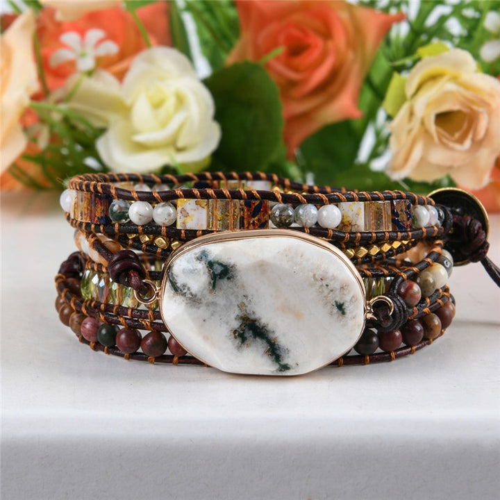 5-layer wrap bracelet featuring natural agate beads, gold and crystal accents, and a stunning white agate focal point, adjustable fit, perfect for boho-style enthusiasts.